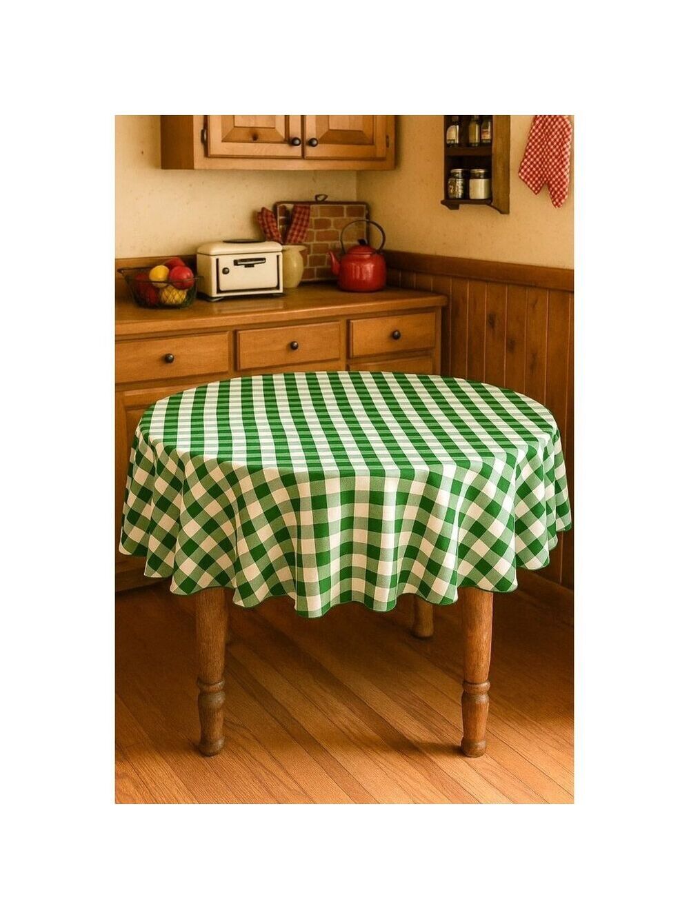 70-Inch Round Polyester Tablecloth Green & White Checker Linen Tablecloth Durabl - Picture 3 of 8